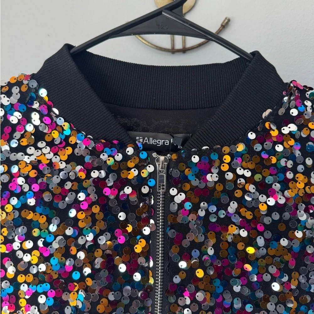 Allegra K Black Bomber Jacket Multicolor Sequins Front Zipper Closure Size XS